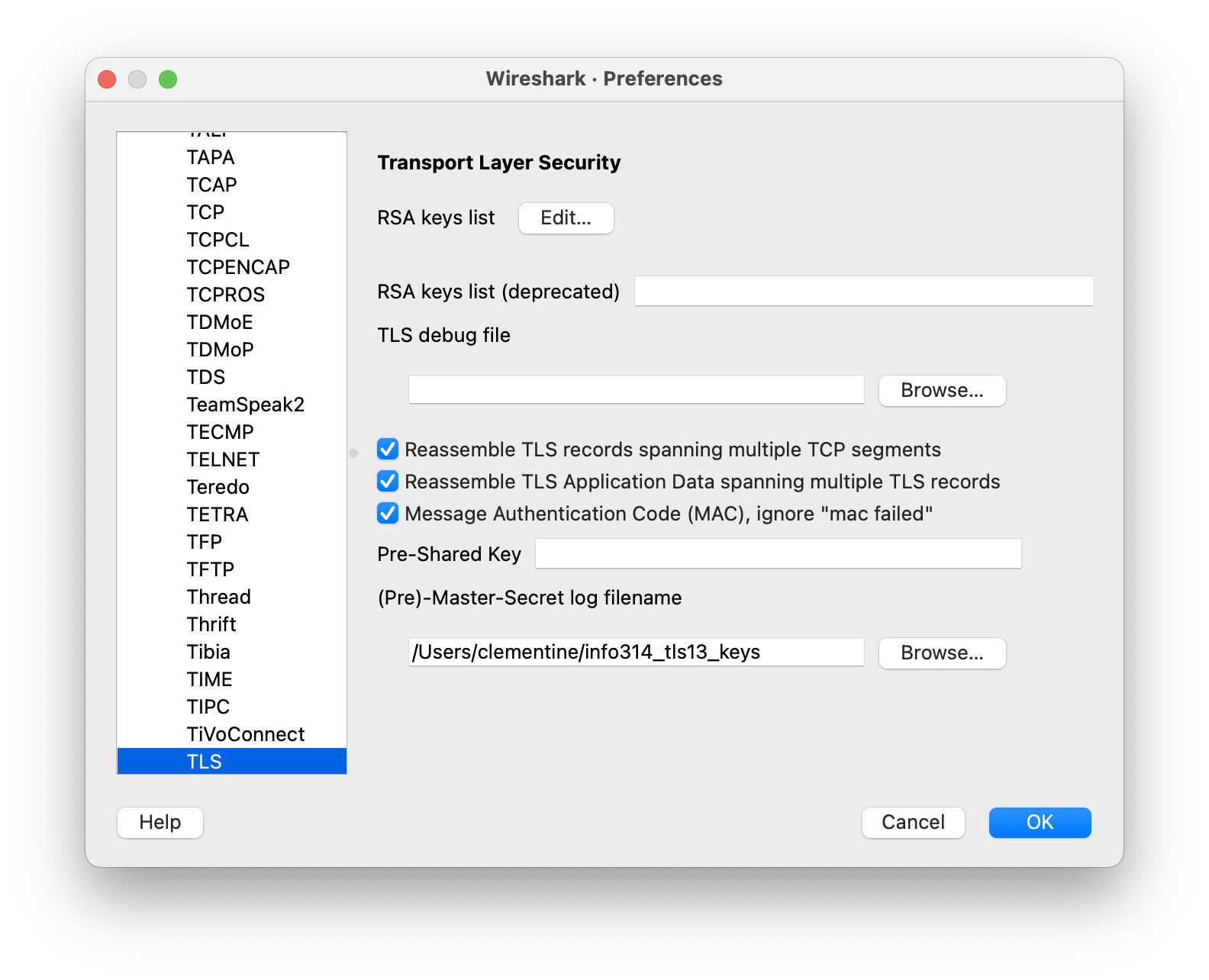 Wireshark TLS Preferences